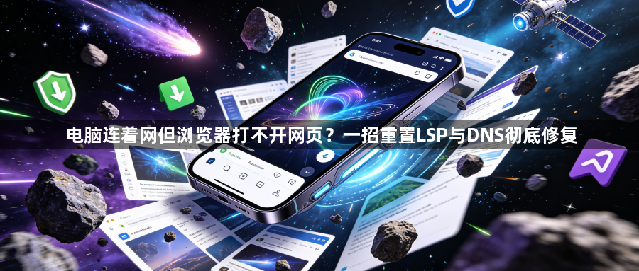 电脑连着网但浏览器打不开网页?一招重置LSP与DNS彻底修复1